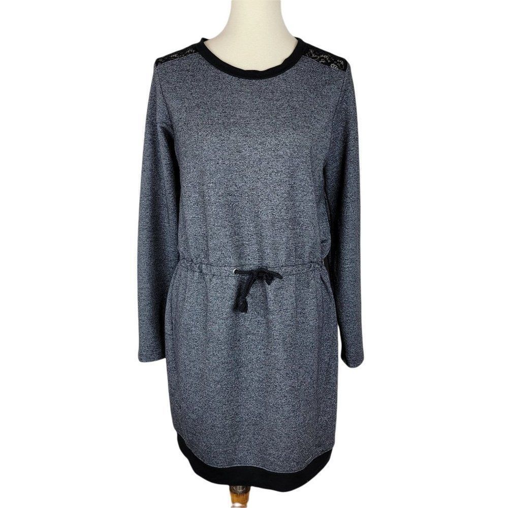 Nicole Miller Heather Black Lace Shoulder Drawstring Waist Long Sleeves Dress L